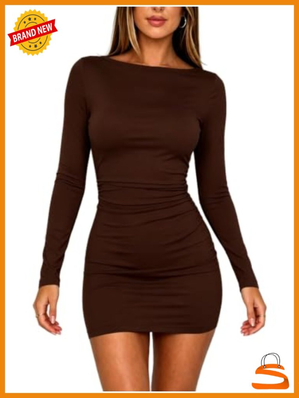 Boat Neck Long Sleeve Bodycon Mini Dress Ruched Side Club Night Out